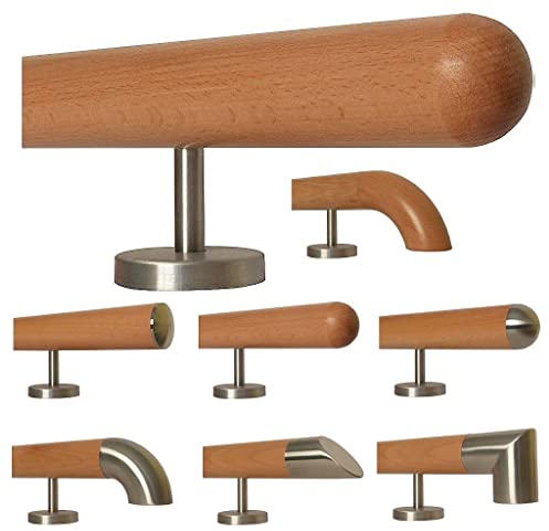TIBU Buche Holz Handlauf für Treppe Geländer gerade Edelstahlhalter, Länge 30-500 cm aus einem Stück/zum Beispiel Länge 30 cm mit 2 gerade Halter und Enden Halbkugel gefräst