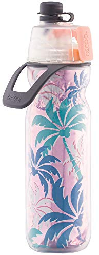 O2COOL Arctic Squeeze Insulated Mist 'N Sip Water Bottle-20 oz, Pink Palm Tree