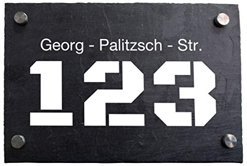 wandmotiv24 Personalisierte Hausnummer Hausnummernschild aus Naturstein Schiefer, auf Schiefertafel mit individueller Beschriftung Straße, Hausnummer M0045