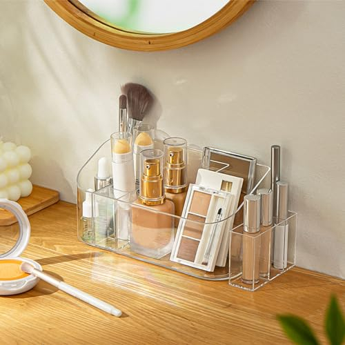 SUNFICON Makeup Holder Tray Organiser Cosmetic Display Case Tabletop Desktop Vanity Countertop Bathroom Wall Cabinet Medicine Storage Box 9 Dividers 2 Removable for Womens Ladies Girls Crystal Clear