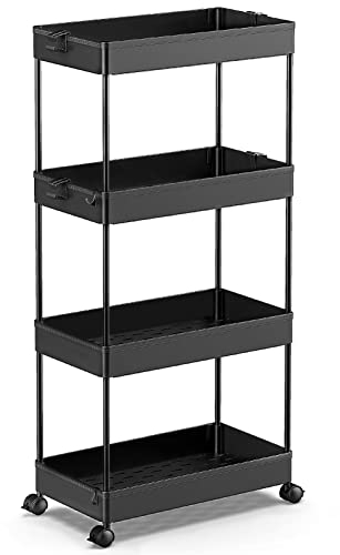 SPACEKEEPER Küchenwagen mit 4 Ebenen, Rollwagen Nischenregal auf Rollen, platzsparendes Badregal und Küchenregal für Küche Büro Bad, 40x22x86cm, Schwarz