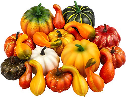 Elcoho 20 Pieces Realistic Artificial Pumpkins Fall Harvest Lifelike Pumpkins and Gourds Set for Fall Halloween Thanksgiving Tabletop Decoration, Assorted Sizes and Styles