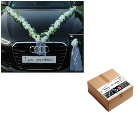 VIP Girlande 30 Azaleen 30 Rosen 18 extrastarken Saugnäpfen 2 x 180 cm Girlande 4 Türgriffdekorationen 2 Rattanherzen Braut Paar Autoschmuck Hochzeit Car Auto Wedding PKW ®Auto-schmuck (Azaleen 4)