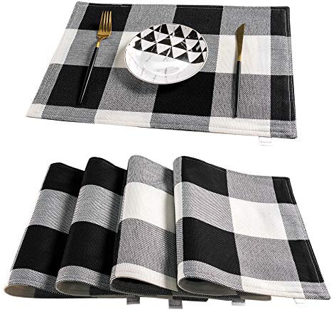 Smile of hope Black and White Placemats Set of 4, Linen Buffalo Plaid Double Layer Spring Placemats Check Kitchen Table Mats,Waterproof Heat Resistant Durable Cloth Washable Placemats 12 x 18 Inches