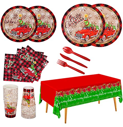 Christmas Party Supplies Disposable Paper Plates Napkins Cups Knives Spoons Forks Tablecloth for Merry Christmas Party Decorations,Serve 25