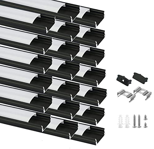LED Aluminum Profil 20 x 1m, U Form Schwarz Streifen Licht Diffusor Profil mit milchiger Abdeckung,Endkappen,und Montageklammer Aluminum Profile für LED-Streifen (20 x 1m U Form)