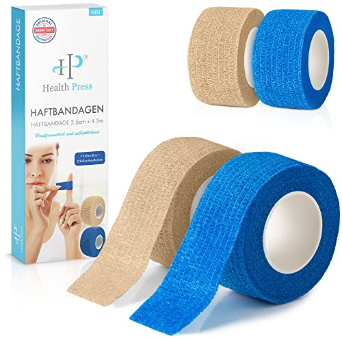 Self-Adhesive Finger plasters - 4X Plaster roll Blue + Skin Colour (2.5cm x 4.5m) - Self-Adhesive Bandage - Elastic Tape Waterproof - Dust, Grease and Dirt Repellent Plaster Tape