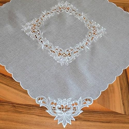 Tischdecke Mitteldecke Tischläufer Aufleger hell grau Filigrane Stickerei Blütenornamente (85 x 85 cm)