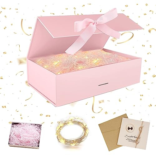 Geschenkbox mit Deckel, Geschenkbox mit Schleifen, Faltbare Geschenkboxs | Geschenkkarton mit Magnetisch, Grußkarten, Raffia Hamper Shreds, LED-Lichterkette, für Hochzeit Geburtstag Weihnachten