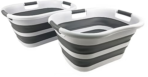SAMMART 30L zusammenklappbarer Kunststoff-Wäschekorb – faltbarer Pop-Up-Aufbewahrungsbehälter/Organizer – tragbare Waschwanne – platzsparender Korb/Korb (Weiß/Stahlgrau (2er-Set))