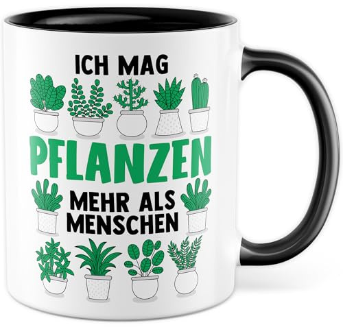 Tasse Pflanzen Geschenk Ich mag Pflanzen mehr als Menschen, Kaffeetasse Gärtner Topfpflanze Blumen-Liebhaber, Geschenkidee Umwelt Büro Deko lustig Garten Kaffee-Becher (Weiß/Schwarz)