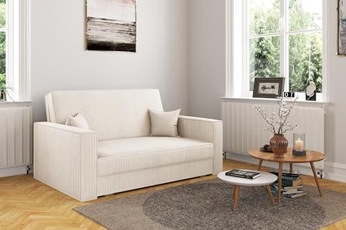 Kaiser Möbel - Sofa mit Schlaffunktion und Bettkasten, Sofa 2-sitzer, Schlafsofa mit Bettzeugbehälter, Klappsofa, Bettsofa, Bequemes Couch für Wohnzimmer und Schlafzimmer, Cordstoff, America, Ecru