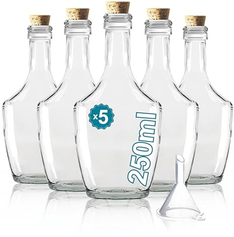 5 Bouteilles de Luxe en Verre 250ml avec Bouchon en Liège + 1 Entonnoir Inclus | Élégance et Modernité en Verre de Haute Qualité pour Boissons, Rhum, Liqueur et Préparations Artisanales