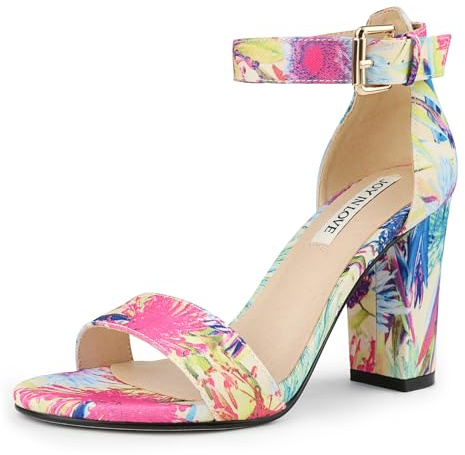 JOY IN LOVE Womens 3.5 Chunky Block High Heels Ankle Strap Heeled Sandals Floral Fabric US7