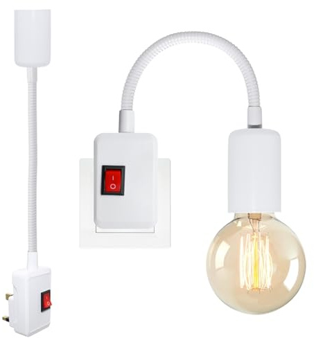 2PCS E27 Socket Holder, Flexible Lamp Holder with On/Off Switch, 9MM Thick Gooseneck, Plug in Light Socket, Bulb Holder with Plug, 360°Adjustable Plug in Lamp for Bedroom Laundry, No Bulb