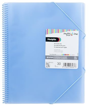 Grafoplas - Portafolios a4 Plastico, 30 Fundas Transparentes de Polipropileno Extra, Azul Claro, Espiral PVC, Maxiplás Multiline, Perfecto Material Escolar y de Oficina, 31,2x24x2,8cm