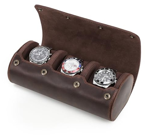 YUONNY Vintage Uhren Aufbewahrungsbox für 3 Uhren, Handgefertigte Echtleder Uhrenrolle Reiseetui mit Abnehmbarem Kissen für Herren Damen, Outdoor Tragbare Uhren Schmuck Organizer for 3 Watches