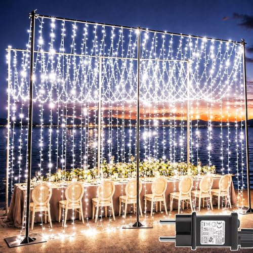 yowin 2 Stück 6m x 3m 600 LED Lichterkette Vorhang mit Stecker | 8 Modi Weihnachtsbeleuchtung Wasserdicht Wasserfall Lichterkette, für Weihnachten Hochzeit Innen Außen Deko - Weiß