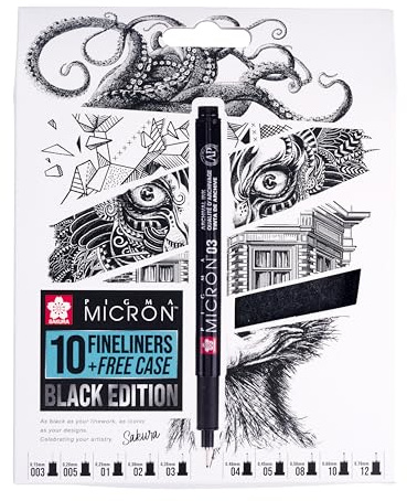 SAKURA Pigma Micron Fineliners 10er Set + Etui | Wasserfeste schwarze Tinte, verschiedene Größen | Stifte zum Schreiben, Zeichnen & Journaling