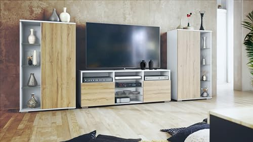 Vladon Wohnwand Davos, Anbauwand bestehend aus 2 Vitrinen und 1 TV-Board, Weiß matt/Eiche Natur (329 x 134 x 35 cm)