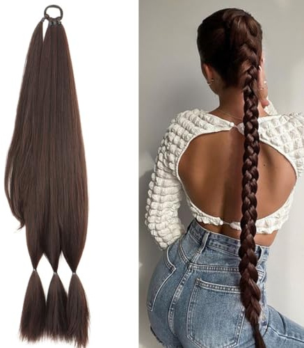 Coleta postiza trenzas postizas, extensión de cola de caballo, postizos de cola de caballo falsos trenzados de 79 cm de largo con banda elástica cola de caballo de pelo largo sintético marrón