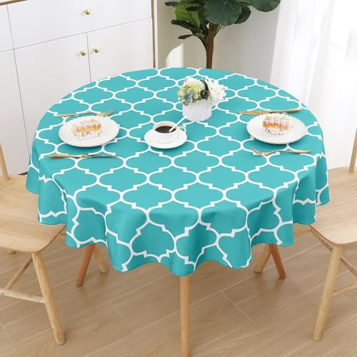 smiry Tischdecke Abwaschbar Rund 140cm Tischtuch Polyester Wasserabweisend Lotuseffekt Marokkanisch Tischwäsche Schmutzabweisend Abwischbare Tafeldecke für Outdoor Party Küche,Türkis