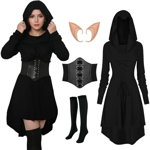FSUJWOA Disfraz de elfo renacentista para mujer, ropa medieval gótica, vestido con capucha con corsé y accesorios para cinturón para fiestas de Halloween(negro, M)