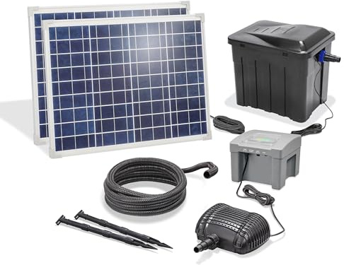 esotec Solar UV Teichfiltersystem 1900 100, Teichfilter Komplettset mit Pumpe, 24Ah LIFEPO4 Akku, Teichpumpe 1900l/h, 100Wp, Bachlaufpumpe, UV Wasserfilter, mehrstufige Filterung, 101072