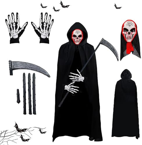 Gxlaihly Grim Reaper Costume, Adult Halloween Cape with Hood, with Skull Mask, Scythe, Skeleton Gloves, Grim Reaper Cape for Halloween, Cosplay, Carnival (Adult C)