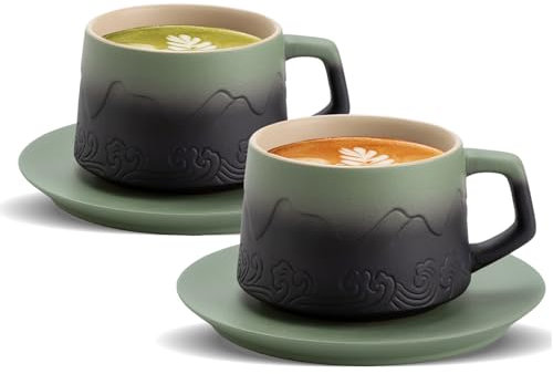 ZENS 8 Ounce Artistic Cappuccino Cups Set of 2, Embossed Ceramic Coffee Mug with Saucers for Latte Art, Moss Green & Black