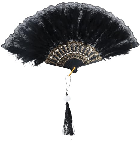 Feather Feather fan, Black Lace Handbag Hand Fan for Elegant Dance, Vintage Style for Halloween, Tea Party, Wedding (Black)