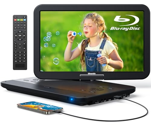 GOnavidio 15,4“ Lecteur DVD Blu Ray Portable avec câble HDMI, Rotatif à 270° HD 1920x1080, Lecteur Blue Ray Portable avec Batterie Rechargeable 5 Heures USB/SD (0511)