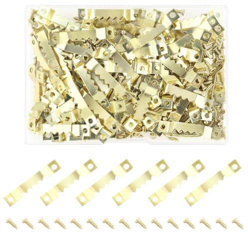 100 Pcs Heavy Duty Sawtooth Picture Hangers with 200 Pcs Screws, Small Sawtooth Picture Frame Hangers Picture Hanging Solutions for Hanging Painting Photos Drawing Picture Home Decoration (Gold)