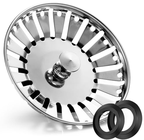 Stainless Steel Kitchen Sink Bowl Strainer and Plug, 84mm Kitchen Sink Plug for Single Double Bowl Use, Kitchen Bathroom Food Hair Catcher Filter Stopper - Prevent Clogs, Bad Smells