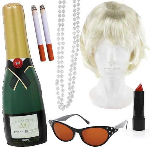 Vuxna fantastisk damtillbehörsset - blond bikupa-peruk, svarta glasögon, uppblåsbar champagneflaska, pärlhalsband, röd läppstift, falska cigaretter - damer klassisk brittisk TV-karaktär kostym set