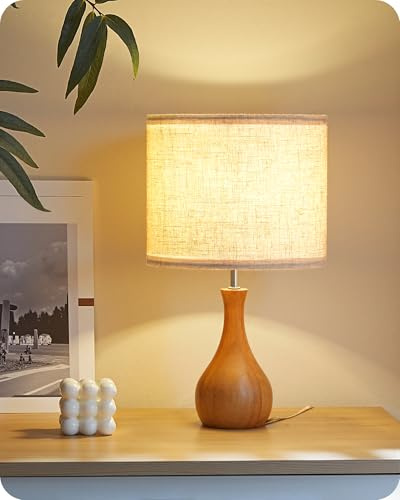 GOEBLESON Small Table Lamp, 14.2 Wood Bedside Lamp, Little Cute Desk Lamp with Dark Wood Bottle-Shaped Base & Beige Linen Lampshade, Nightstand Lamp for Bedroom, Small Space, E26 Socket, LE09TL05