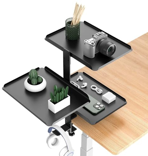 Clampable Desk Organiser Shelf, 3 Tier Bookshelf, Desk Storage Rack, Desktop or Under with Adjustable Metal Tray Headphone Stand, No Drilling Anti-Slip Above Shelves for Accessories, for Home Office