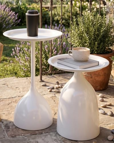 Ginhow Tavolino da Divano Set di 2 Tavolino Salotto Piccolo Tavolini Rotondi Metallo Bianco Tavolo Basso Salotto Esterno & Interno Tavolo da Caffè Side Table White, Alto 42+60 cm