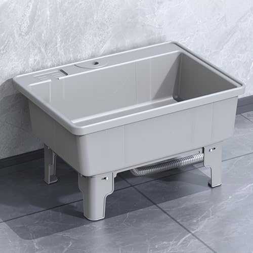 Fregadero de Plástico Independiente con Tabla de Lavar, Pila Lavadero con Desagüe, Fregadero Exterior Jardin, para Lavadero, Sótano, Garaje, Jardín(Gray,64.5x56x41cm)