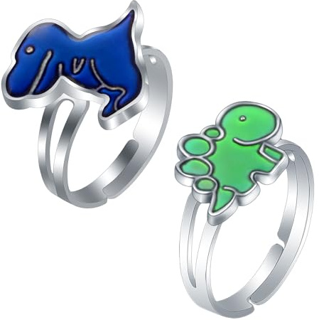 2 bagues pièces d'humeur dinosaurien,Changement de Couleur, ressenti émotionnel,température,Bague de Doigt,Ajustable, Animal, Bijou Amusant,bague de fête,Cadeau d'anniversaire pour garçons et fille