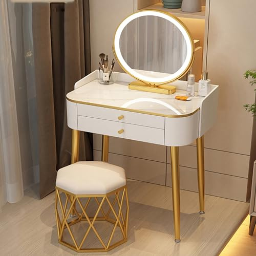 Set di tavolo e sedia da toeletta con luce regolabile, piccola console per il trucco da donna, scrivania con 2 cassetti, stazione di trucco per camera da letto per ragazze con luci LED dimmerabili