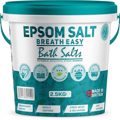 Scented Epsom Bath Salts 2.5kg Infused with Breath Easy Essential Oil, 100% Natural Mineral Salts - Supports Sleep and Relieves Aching Muscles Magnesium Sulphate Foot Soak Bath Epsom Salt