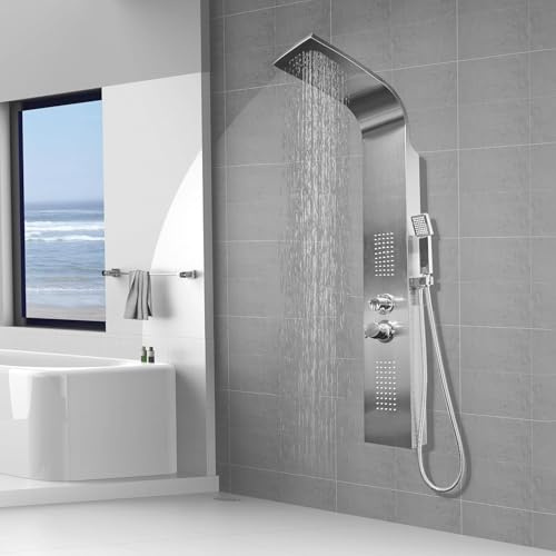 Elbe Panneau de douche en acier inoxydable pour montage au coin 3-fonctions avec douche à effet pluie Ensemble de douche avec pommeau de douche, douche à effet pluie et 2 douches de massage, ensemble
