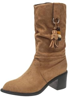 Qgtxf Dam Kamomill Slouchy Western Stövlar Stor Klack Stövlar Sidodragkedja Casual Skor, Brun, 36 EU