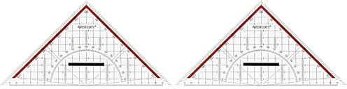 Westcott Geometriedreieck 22 cm mit abnehmbarem Griff | Transparentes Geometrie-Dreieck aus Kunststoff mit roter Skala | Technische Skala & Winkelmesser für Schule, Uni oder Büro | E-10142 00