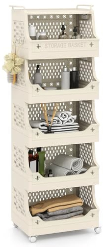COSTWAY 3/4/5/6-Tier Laundry Basket on Wheels, Foldable Laundry Hamper Cart with Handles & 6 Hooks, Stackable Rolling Plastic Dirty Clothes Sorter Washing Baskets for Bathroom Bedroom (Beige, 6-Tier)