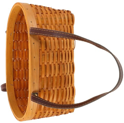 Milisten Cestino Intrecciato in Legno e Pu Portatile, Cesto la Raccolta della Frutta e Verdure, Cestino Portaoggetti Multifunzione per Picnic, Campeggio e Uso Quotidiano, Decorazione