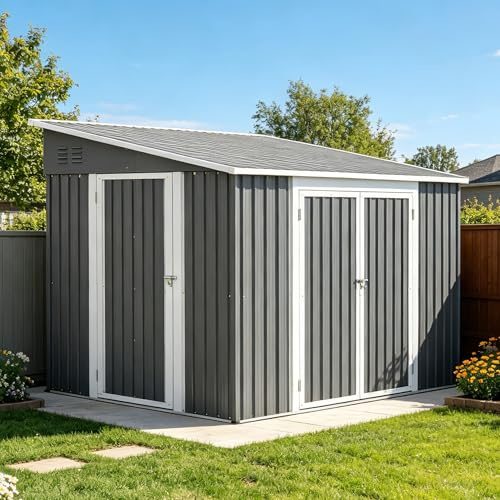 Jaxenor Stort trädgårdshus metall, 262 x 180 x 201 cm, trädgårdsutrustningsskjul metall med dubbla dörrar och lås, bottendesign, trädgårdsskåp vattentätt för terrass/bakgård, inkl. golv, grå