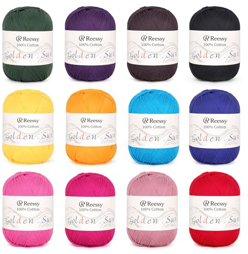 Reessy Cotton Yarn for Crochet & Knitting, 12 Color of 540g Pure Cotton Yarn Set, 8-ply Cotton DK Yarn Set-Suitable for Exquisite Colorful Crafts, Multicolor Yarn Kit for Beginner&Crocheter-Vibrant