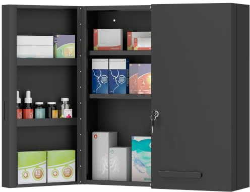 kleankin Medizinschrank Abschließbar mit 2 Türen 55 x 18 x 60 cm Schwarz | 6 Regale, Erste-Hilfe-Schrank, Für Küche Flur Wohnzimmer, Stahl